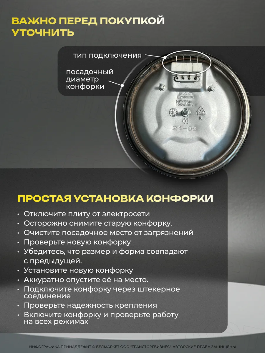 Конфорка для электроплиты 180 мм , 2 кВт штекер